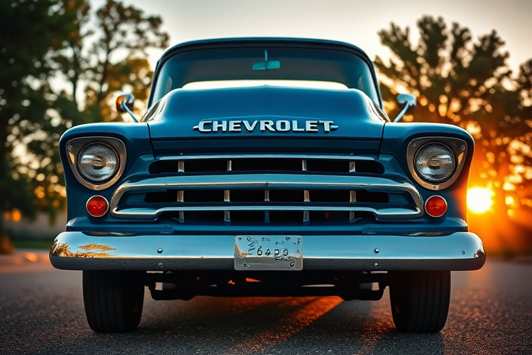 Capture a low-angle view of a vintage blue Chevrolet pickup truck facing forward during golden hour, with a shallow depth of field to emphasize the truck's details, using a DSLR camera with a 50mm lens, aperture set to f/2.8, ISO 100, and shutter speed 1/200s.