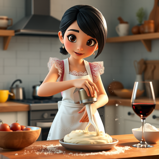 A Pixar-style CGI girl with black hair and black eyes wearing a white apron with lace stands in a kitchen and kneads cake batter. There is flour dust in the air, a glass of wine on the table and the cake ingredients are scattered around. 3D