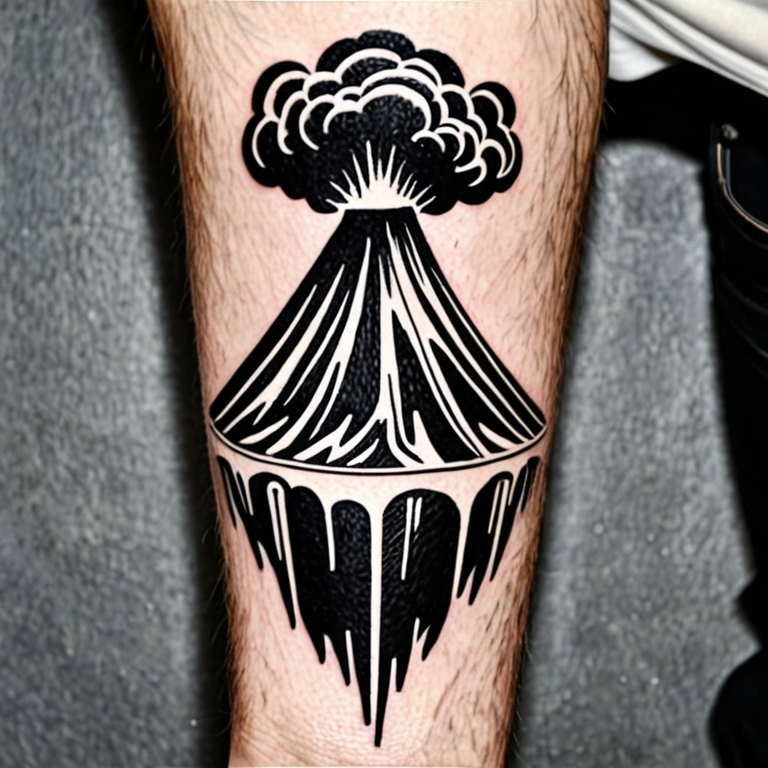 Vertical black and white tattoo without details on a paper of an erupting volcano