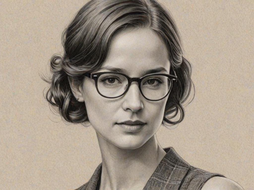 Ravishing Katherine Waterston, pencil sketch, portrait of Fetching woman 1932s in glasses, hair style beatnik, outline, clear lines, fine lines, 8k