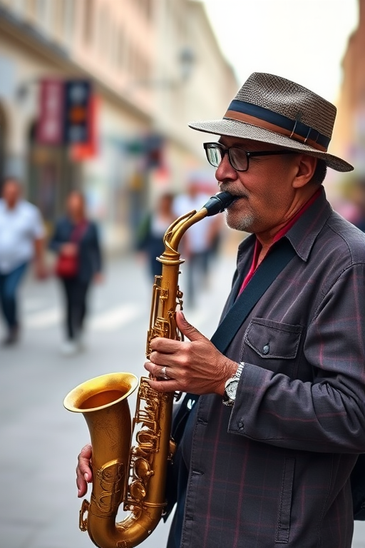 Capture a street musician playing the saxophone, with a shallow depth of field, using a Canon EOS R5, 85mm lens, aperture f/1.8, ISO 100, shutter speed 1/200 sec, natural lighting, and focus on the saxophone and musician.