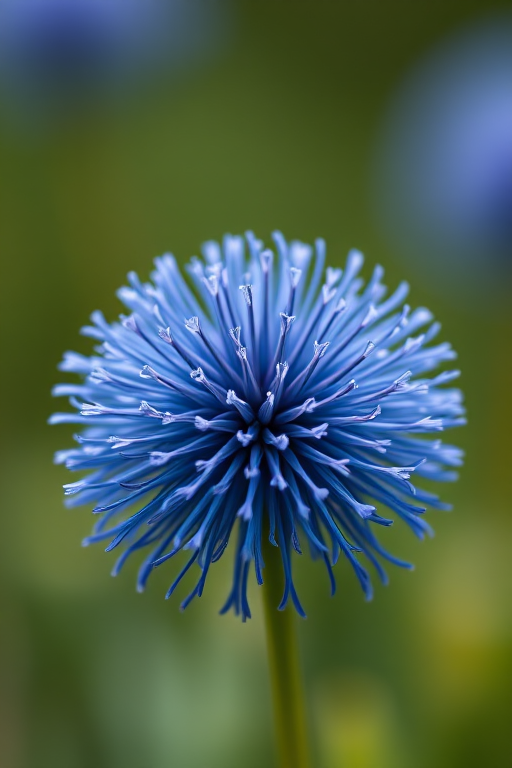 macro shot of a spherical blue flower with a blurred background, f/2.8 aperture, ISO 100, 50mm lens, taken with a DSLR camera, natural lighting, shallow depth of field