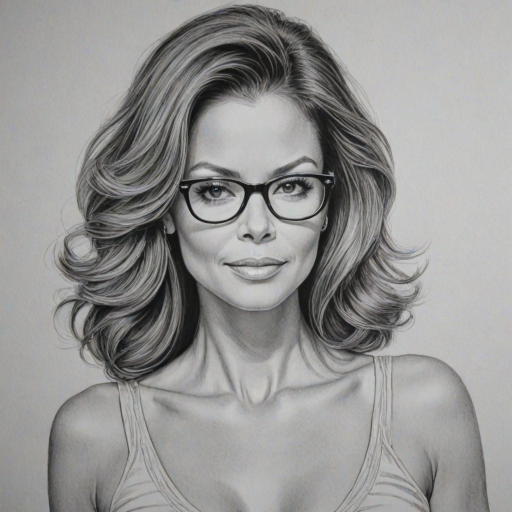 Dazzling Brooke Burke, pencil sketch, portrait of Graceful woman 1956s in glasses, hair style beatnik, outline, clear lines, fine lines, 8k