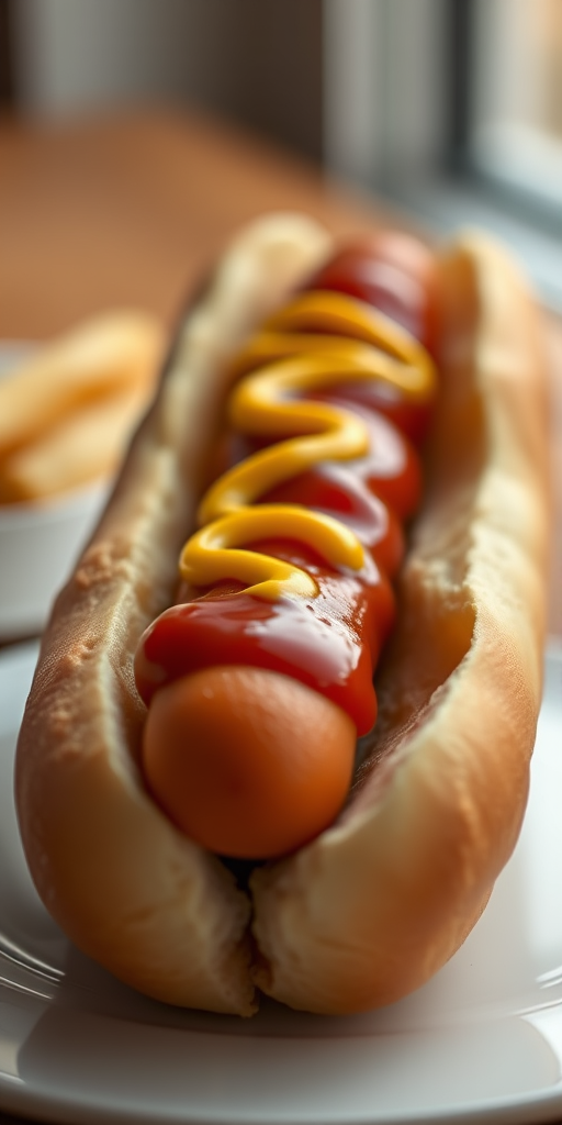 A close-up shot of a hot dog in a bun with mustard and ketchup on a white plate, taken with a Canon EOS R5, 35mm lens, f/2.8 aperture, 1/100s shutter speed, ISO 100, soft natural lighting, and a shallow depth of field.