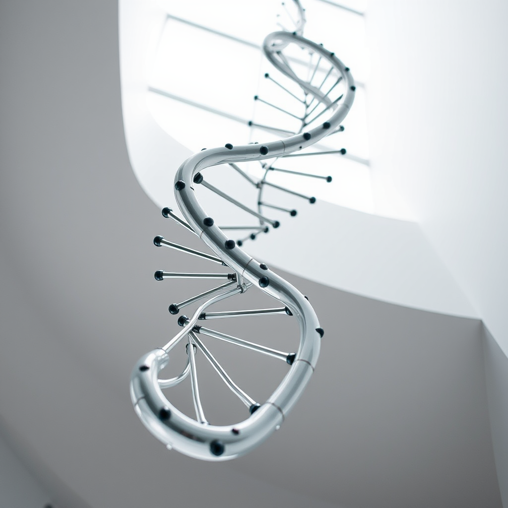 Generate a high-resolution image of a stylized double helix in a modern, abstract design, utilizing a Canon EOS R5 with a 50mm lens, aperture set to f/1.8, ISO 100, shot in a bright, even lighting environment from a slight upward angle to emphasize depth.