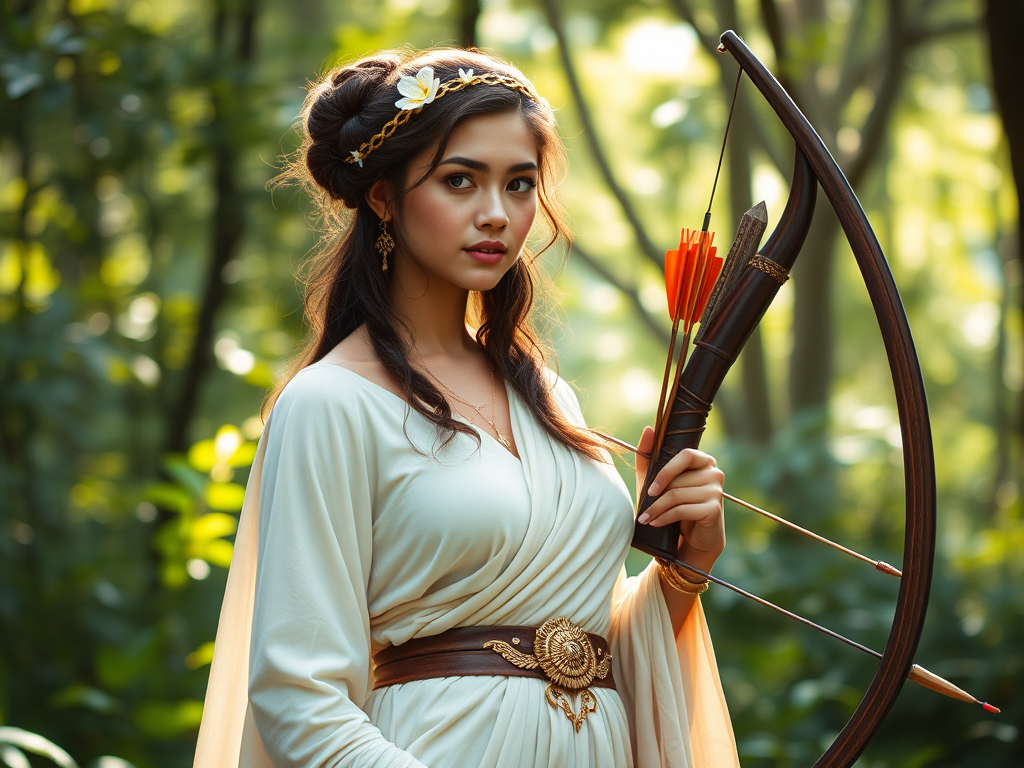 Create a portrait of a goddess-like Polynesian girl figure in a tranquil, forested environment. She has an elegant appearance with long, wavy hair styled in an updo and adorned with a delicate, floral headband. She wears a flowing, ancient Greek-inspired gown in a soft, pale color, featuring a one-shoulder design and draped fabric that accentuates her graceful form. The outfit includes a decorative belt with ornate gold detailing, and she holds a bow in her hand, with a quiver of arrows slung over her shoulder. The background depicts lush greenery, with sunlight filtering through the trees, casting a gentle, ethereal light on the scene. Her expression is calm and contemplative, embodying a sense of wisdom and serenity.