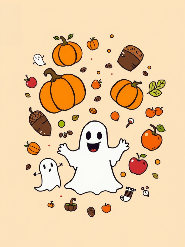Create a colorful, whimsical illustration featuring autumn-themed doodles such as pumpkins, acorns, apples, and a ghost on a warm beige background, using a Canon EOS R5 with a 50mm lens at f/2.8, ISO 200, and a slight vignette effect.