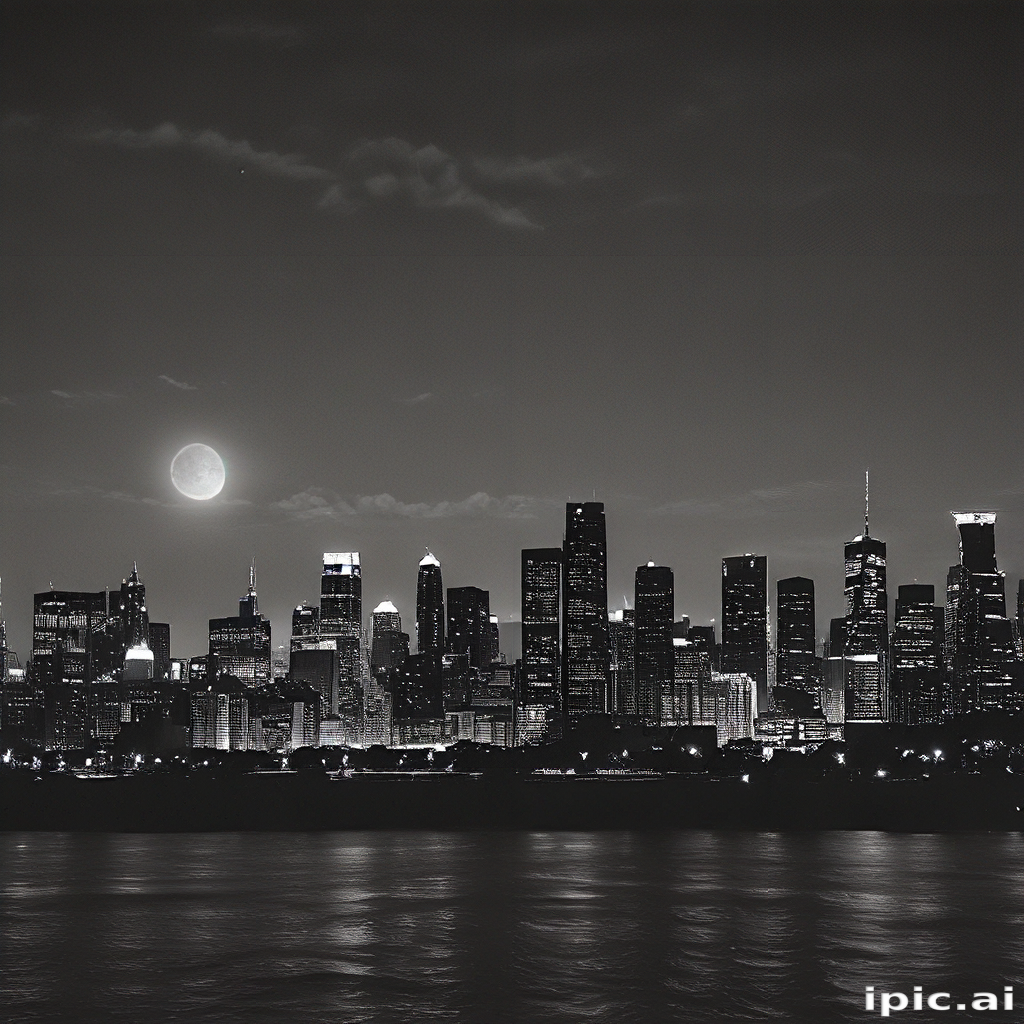 Stunning Black and White City Skyline Under a Moonlit Night Sky