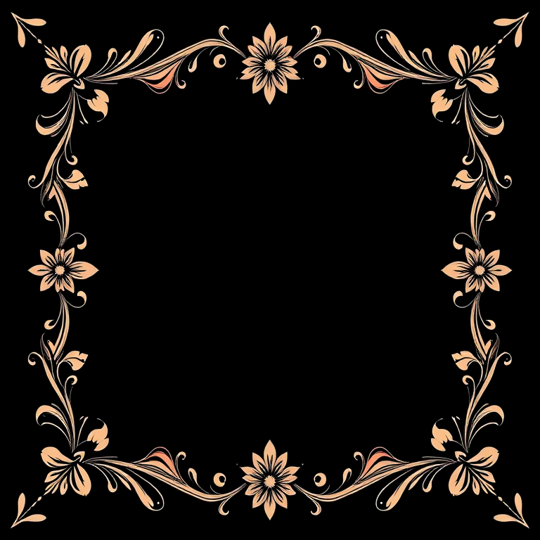 Create an elegant rectangular frame with intricate floral designs in the corners on a black background, using a Canon EOS 5D Mark IV camera, shot at f/2.8 aperture, ISO 100, with a 50mm lens in portrait orientation.