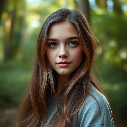 Create a portrait of a young woman with long, flowing hair and captivating eyes, set in a lush forest background, using a Canon EOS R5 camera, 85mm lens, f/1.4 aperture, ISO 100, natural light for a soft and warm tone, with a shallow depth of field to create a dreamy atmosphere.