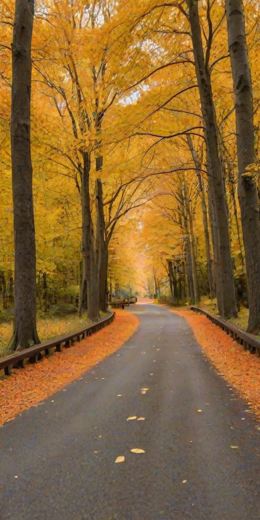 a winding road surrounded by vibrant orange and yellow autumn trees with fallen leaves on the ground, soft light filtering through the canopy