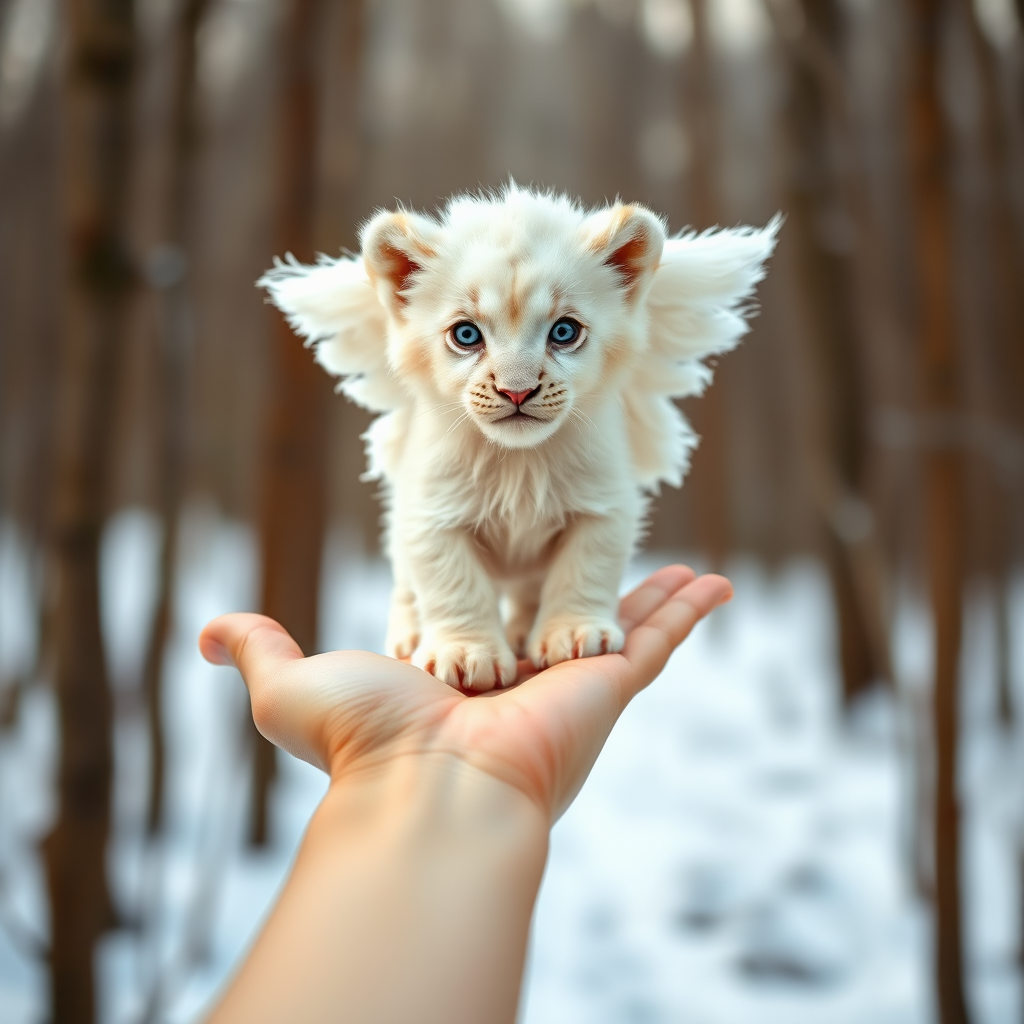 A small, white lion cub with angelic wings standing on a human hand. The cub has a soft, fluffy texture with detailed fur, expressive blue eyes, and a curious expression. The wings are large and feathery, blending seamlessly with its fur, giving an ethereal appearance. The background is a winter forest, with the ground covered in snow and blurred brown trees, creating a serene atmosphere. The human hand in the foreground is positioned palm-up, supporting the lion cub gently, fingers slightly curled. The lighting is soft and diffused, enhancing the tender and magical feel of the scene. Colors are predominantly neutral with white, cream, and soft browns, contrasting with the subtle blue of the lion cub's eyes. The overall composition is balanced, with the cub at the center, creating a focal point that draws the viewer's attention immediately.