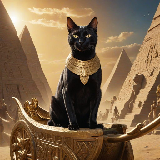award winning digital illustration, surrealism, closeup sideview of a (ruthless black Egyptian Pharaoh cat:1.25) riding a golden chariot in an ancient pyramid city, exuding authority and dominance over terrified human slaves in the background, rich dramatic lighting, gleaming mirrored reflections, intricate textures, glowing dust, god rays,  highly detailed art <lora:MJ52:0.8> <lora:add-detail-xl:0.8>