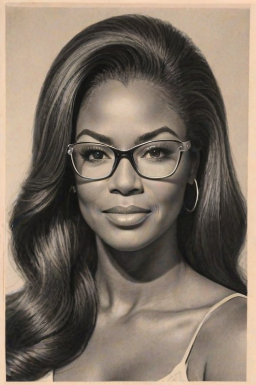 Pleasing Kenya Moore, pencil sketch, portrait of Magnificent woman 1964s in glasses, hair style beatnik, outline, clear lines, fine lines, 8k
