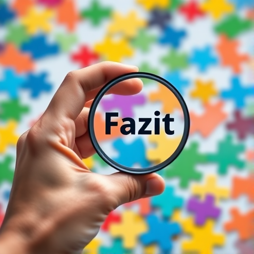 Create an image of a hand holding a magnifying glass focusing on the word "Fazit" amidst colorful puzzle pieces, using a DSLR camera with a 50mm lens, f/1.8 aperture, ISO 100, natural lighting, and a shallow depth of field for a sharp foreground and a blurred background.