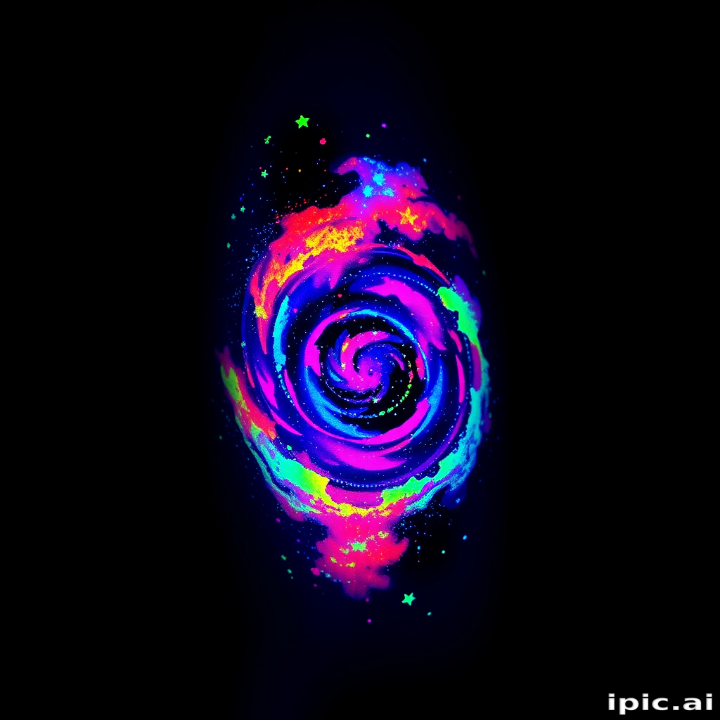 Vibrant UV ink tattoo of a cosmic galaxy scene, invisible in normal light but revealing swirling nebulae and twinkling stars under blacklight, creating a magical, otherworldly effect