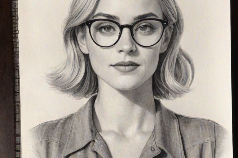 Radiant Emily Wickersham, pencil sketch, portrait of Radiant woman 1934s in glasses, hair style beatnik, outline, clear lines, fine lines, 8k