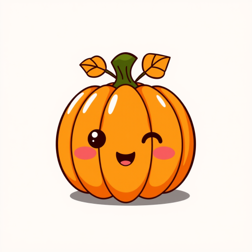 Create a kawaii-style pumpkin with a cheerful, happy face and rosy cheeks. The pumpkin should be vibrant orange with a shiny texture. Design it to be cute and playful, ideal for a light-hearted Halloween or autumn theme, with a simple and whimsical expression.
