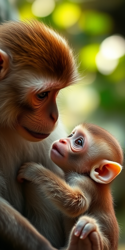 Capture a close-up shot of a monkey and its baby interacting tenderly in a softly lit environment, using a DSLR camera with a 50mm lens, aperture set to f/1.8, ISO 200, and a shutter speed of 1/100 sec, focusing on their facial expressions with a shallow depth of field to create a blurred background.