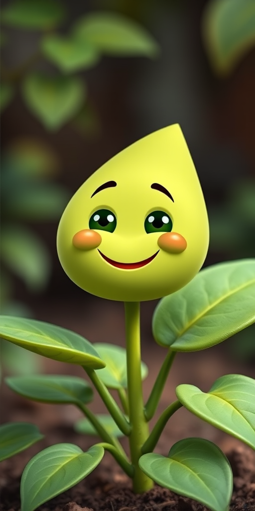 Create a cartoonish image of a smiling green plant with large leaves, using a DSLR camera with a 50mm lens, aperture f/2.8, ISO 100, and a soft focus background effect to enhance image quality.