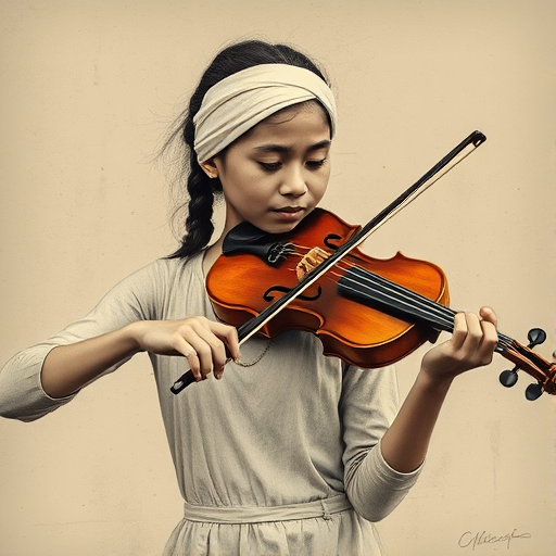a young Cambodian woman with a white headband playing a violin, in the style of a charcoal drawing, sepia grunge background