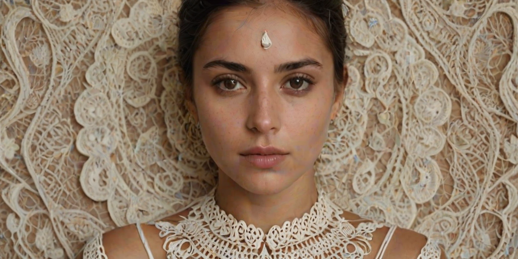 Face, shoulders, chest covered in openwork Romani embroidery. Raw, unedited image.