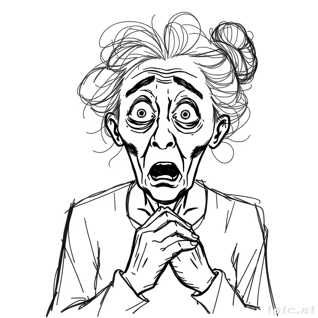 scribbly unfinished sketch, old lady with messy gray hair in a loose bun, surprised expression, mouth open, hands clasped together in front of her chest. Her eyes are wide, eyebrows are furrowed. vibe of shock or surprise.