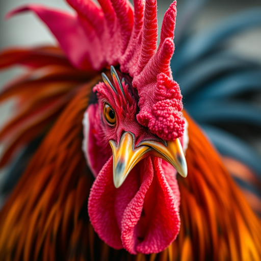 Regenerate a vibrant, highly detailed close-up of a rooster's head with flowing colorful feathers in the background, shot with a Canon EOS R5 at f/2.8, ISO 100, 85mm lens, in natural lighting, using a macro photography style for enhanced texture and depth.