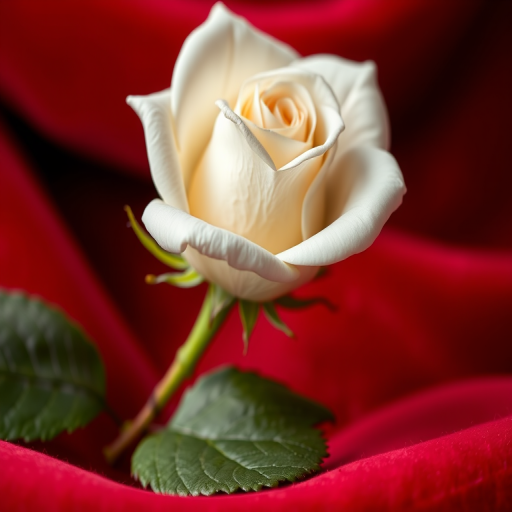 A freshly picked white rose on a red velvet background, shot with a Canon EOS 5D Mark IV, 50mm lens, f/2.8 aperture, ISO 100, natural lighting, macro view to enhance details and colors.