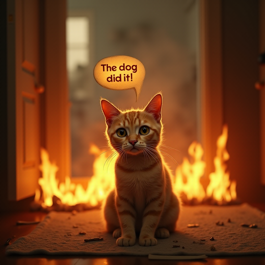 Photorealistic image of an innocent-looking cat sitting calmly in the middle of a burning room. Flames engulf the room, with fire licking up the walls and smoke filling the air. The cat is sitting on the floor, looking directly at the viewer with wide, innocent eyes. Above the cat, a speech bubble says "The dog did it!" The contrast between the cat's calm demeanor and the chaos around it creates a humorous and surreal scene.