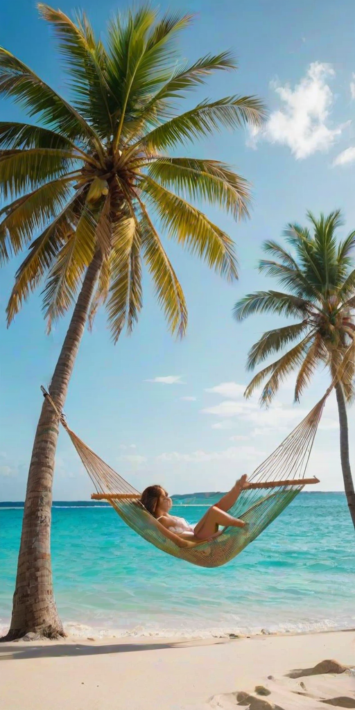 Beautiful tropical beach with palm trees swaying in the breeze, a woman relaxing in a hammock, and turquoise waters sparkling under the sun, creating a paradise-like scene.