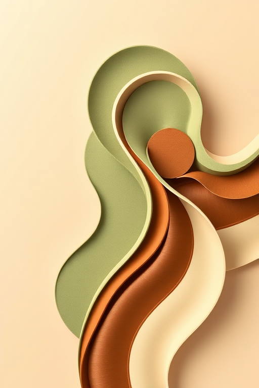Create an abstract image featuring wavy lines in earthy tones of green, brown, and cream against a solid background, captured with a DSLR camera at f/8 aperture, ISO 100, 50mm lens, focusing on smooth gradients and soft textures, photographed from a top-down view in minimalistic style.