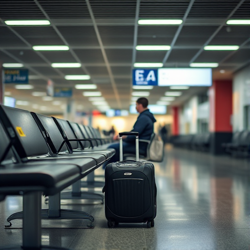capture an indoor waiting area with a focus on a person sitting on a bench with a suitcase next to them, camera settings: f/4, ISO 200, 1/125s, camera view: wide angle, camera style: candid street photography, camera type: DSLR