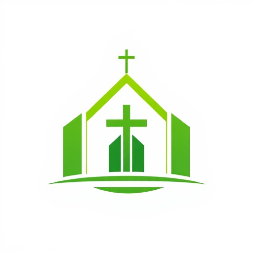 Design a modern green church icon with a cross at the center, using a clean vector style, with a resolution of 4000x4000 pixels, photographed using a DSLR with a 50mm lens, aperture set to f/2.8, and a soft focus background for depth.