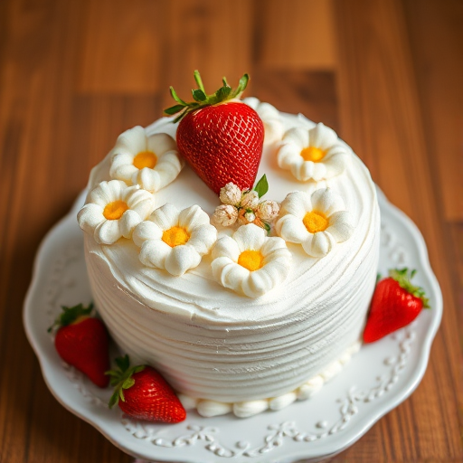 Create an image of a beautifully decorated cake with a white frosting base topped with whipped cream flowers and small yellow sponge cakes. Place fresh strawberries around the base and on top, ensuring one large strawberry is prominently featured in the center. The cake should be presented on a decorative white plate against a simple wooden table background.
