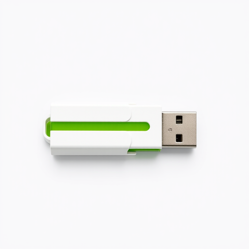 Create a high-resolution image of a modern USB flash drive with a sleek white and green design, shot with a DSLR camera at f/2.8, ISO 100, and a shutter speed of 1/60 sec from an overhead angle in a well-lit studio setting.