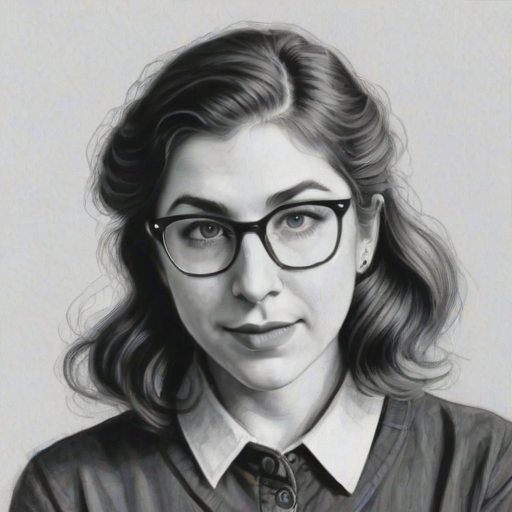 Comely Mayim Bialik, pencil sketch, portrait of Delightful woman 1936s in glasses, hair style beatnik, outline, clear lines, fine lines, 8k