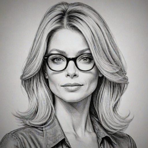 Fetching Kelly Ripa, pencil sketch, portrait of Wonderful woman 1971s in glasses, hair style beatnik, outline, clear lines, fine lines, 8k