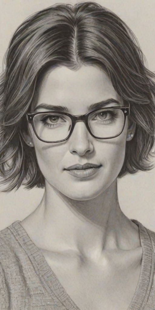 Graceful Cobie Smulders, pencil sketch, portrait of Fetching woman 1963s in glasses, hair style beatnik, outline, clear lines, fine lines, 8k