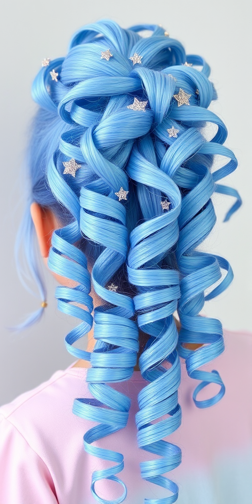 Whimsical cotton candy blue curls styled in a high ponytail with cascading ringlets and star-shaped glitter accents, known as "Stardust Dreamer" evoking childlike wonder and imagination