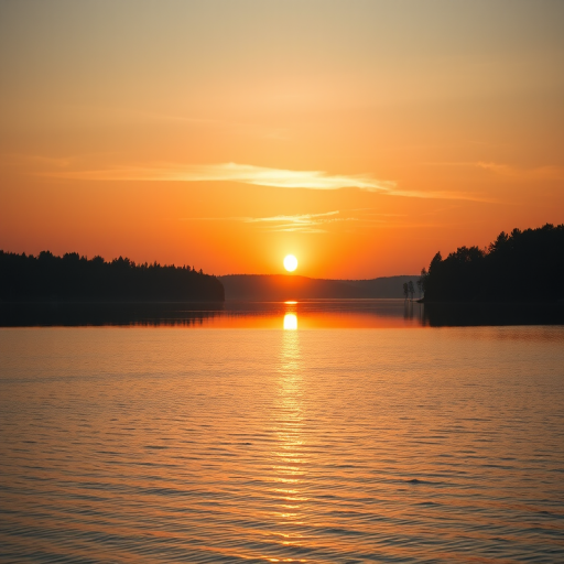 Create a high-resolution image of a serene sunset over a calm lake, using a Canon EOS R5, with a 24mm f/1.4 lens, aperture set to f/8, ISO 100, shot in landscape orientation, with soft golden lighting and smooth water reflections.