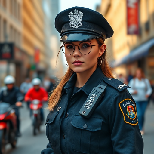 Generate an image of a stylish female police officer in a busy urban setting during the day, shot with a DSLR camera at f/2.8, ISO 100, 1/500 sec, using a wide-angle lens for a dynamic perspective and vibrant colors.