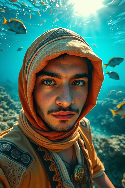 Realistic selfie image of a Middle Eastern, wearing a vintage outfit, detailed dreamy eyes, droopy hooded eyes, staring at the camera, taken underwater at coral reef with a sunbeam filtering through the water, vibrant, summer vacation, natural lighting, turtle and school of tropical fish with vibrant colors, rendered in the style of CryEngine, Pegi Nicol MacLeod, with realistic genre scenes, hauntingly beautiful narratives, ultra-realism, and Thomas Saliot's close-up technique, 8K resolution, crystal clear and sparkling water.