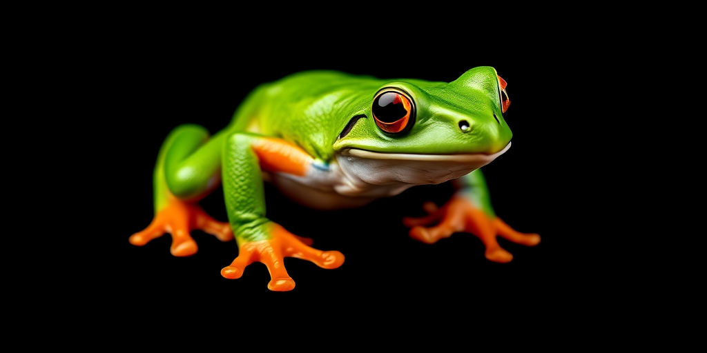 Create a vibrant illustration of a green frog with orange feet, positioned against a solid black background, using a macro lens at f/2.8 for shallow depth of field and vivid colors, capturing the frog's details close-up in a digital art style.