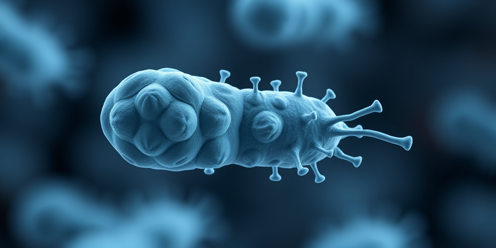 Create a high-resolution 3D rendering of a bacterium with a smooth, elongated shape in shades of blue and gray, captured with a Canon EOS 5D Mark IV, using a 100mm macro lens, with an aperture of f/8, ISO 100, and soft diffused lighting.