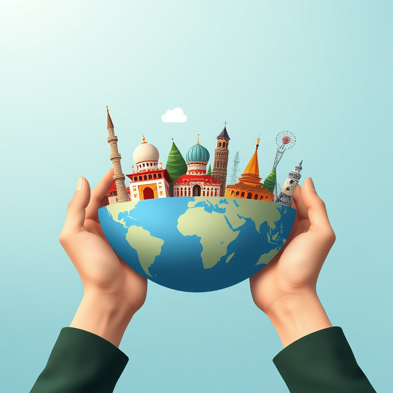 Create an illustration of a globe held by hands, featuring iconic landmarks from various cultures such as a mosque, pagoda, and cathedral, with a smooth gradient background and soft shadows, captured with a DSLR camera at f/8, ISO 200, 50mm lens, using a high dynamic range style.
