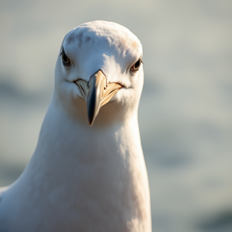 capture a close-up of a seagull in natural light with a shallow depth of field, using a DSLR camera with a 50mm lens at f/2.8, ISO 100, shutter speed 1/200s, focus on the eyes for sharp detail and a blurred background