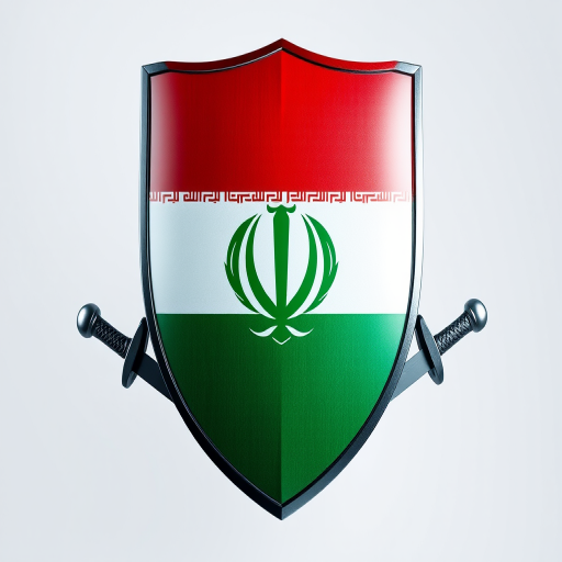 Create a high-resolution image of a stylized shield featuring the colors of the Iranian flag, incorporating a prominent emblem in the center, with a polished metallic texture, surrounded by crossed swords, captured using a DSLR camera at f/2.8 aperture, ISO 100, 50mm lens, in a well-lit studio setting for enhanced clarity and detail.