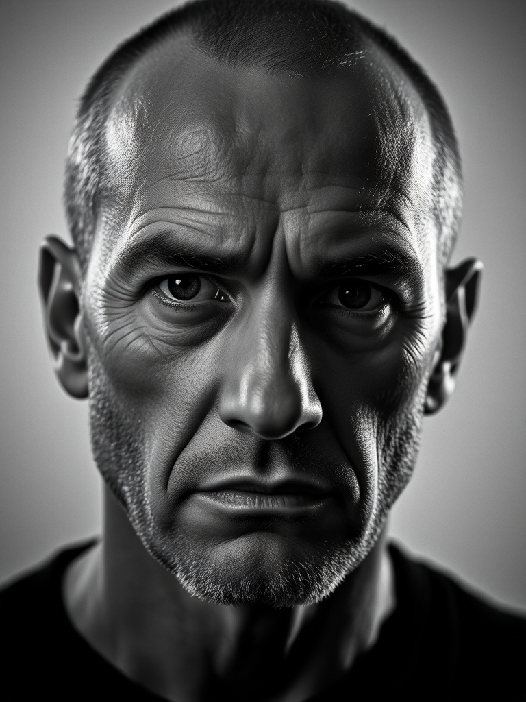 regenerate a high-contrast black and white portrait of a man with a serious expression, using a 50mm lens, f/1.8 aperture, ISO 100, 1/125s shutter speed, with dramatic side lighting to emphasize facial features and textures, captured in a studio setting with a soft gradient background