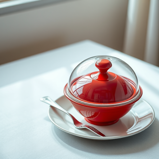 Create a high-resolution image of a stylized red serving cloche on a round plate with a fork, using a DSLR camera with a 50mm lens, aperture set to f/2.8 for shallow depth of field, shot at a 45-degree angle and soft natural lighting to enhance colors and details.
